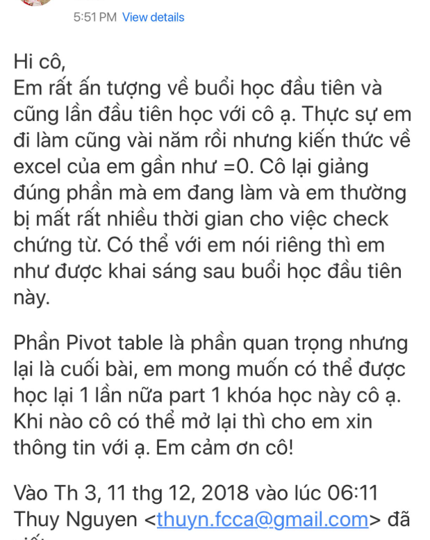 Cảm nhận của Học viên Excel Part I – ảnh chụp gốc